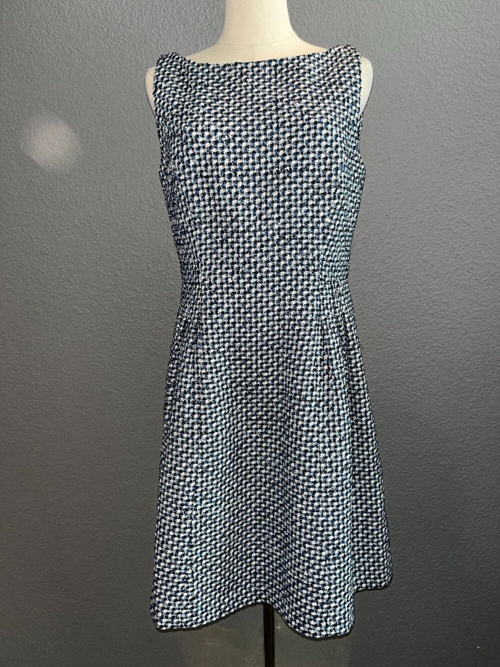 Kate Spade Nautical Tweed Fit & Flare Midi Dress Blue & White with Pockets EUC 8